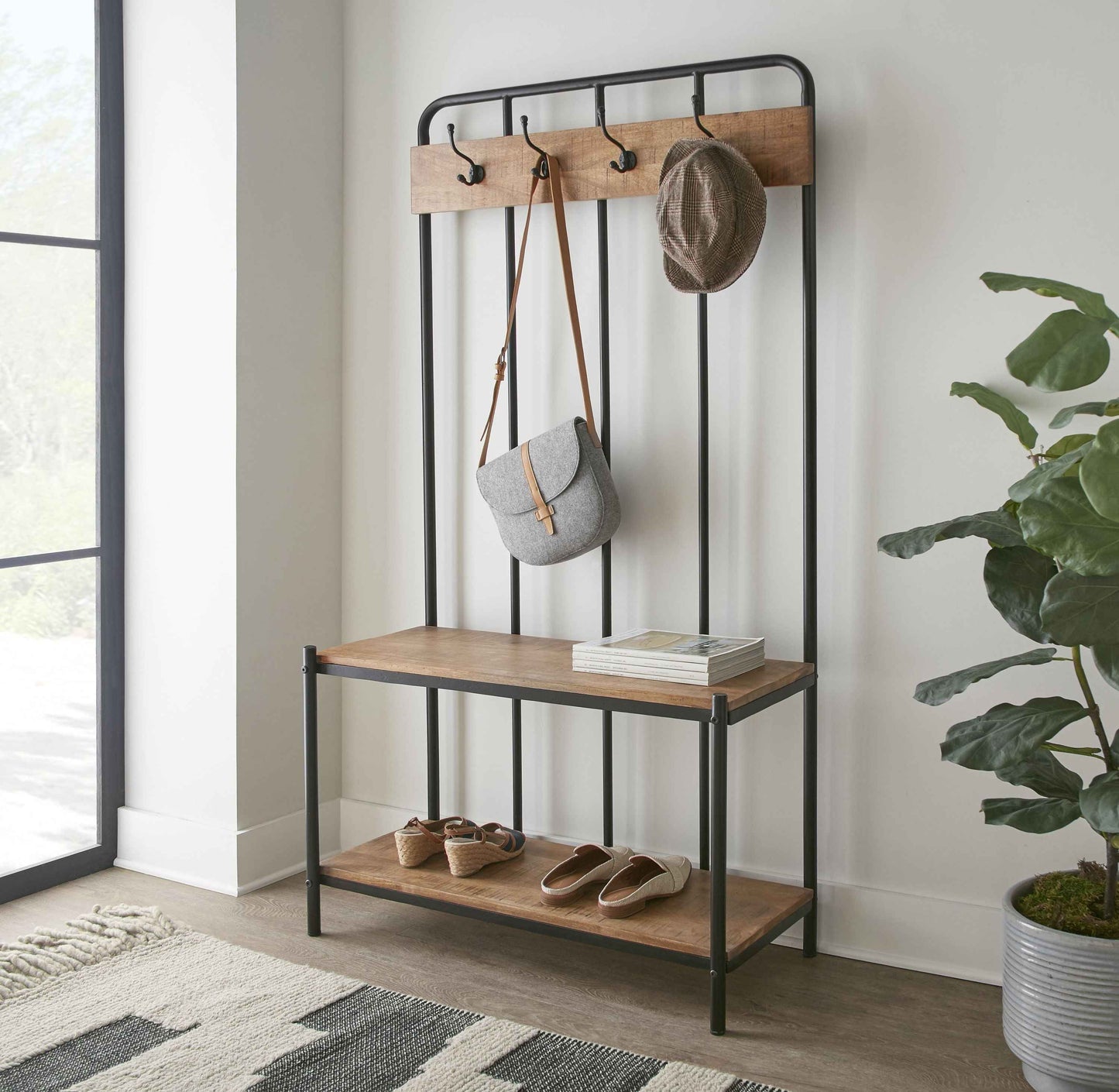 Camino Hall Tree | Metal & Wood | Dark Brown - - brown coat rack metal wood
