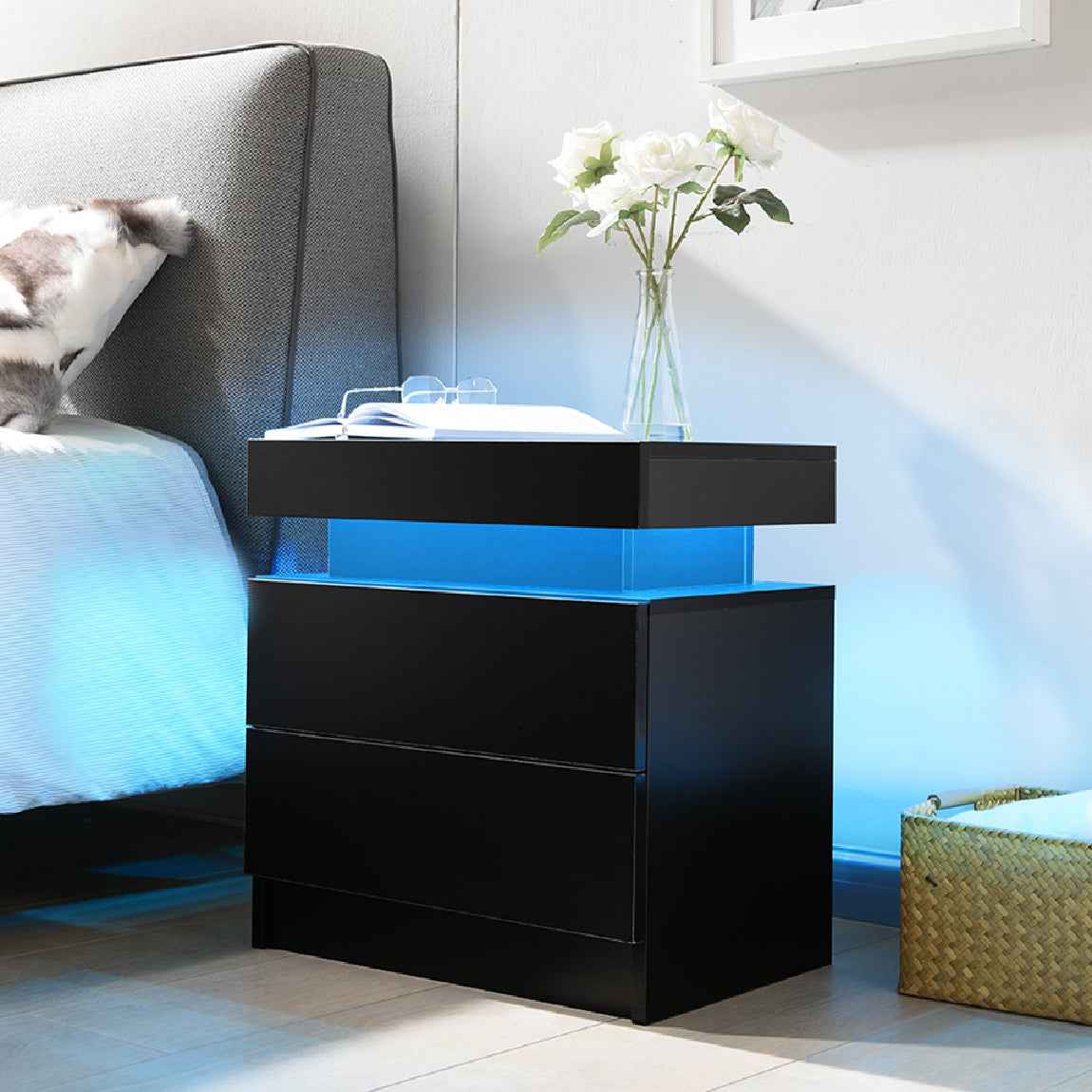 Gebozo Modern Bedside Table | LED Light | Black - Default - nightstand