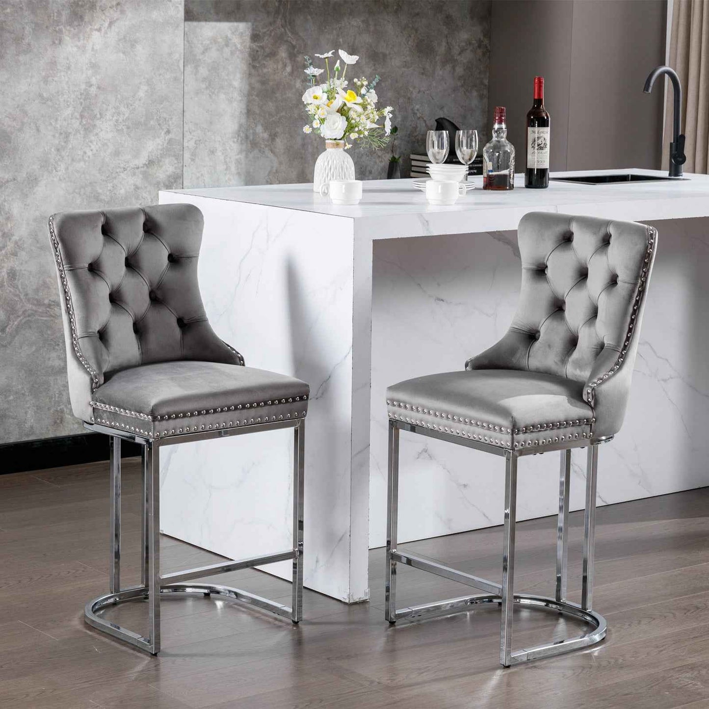 Aemina Classy Modern Bar Stools | Metal Legs | Set of 2 | Gray Velvet - Default - bar stools