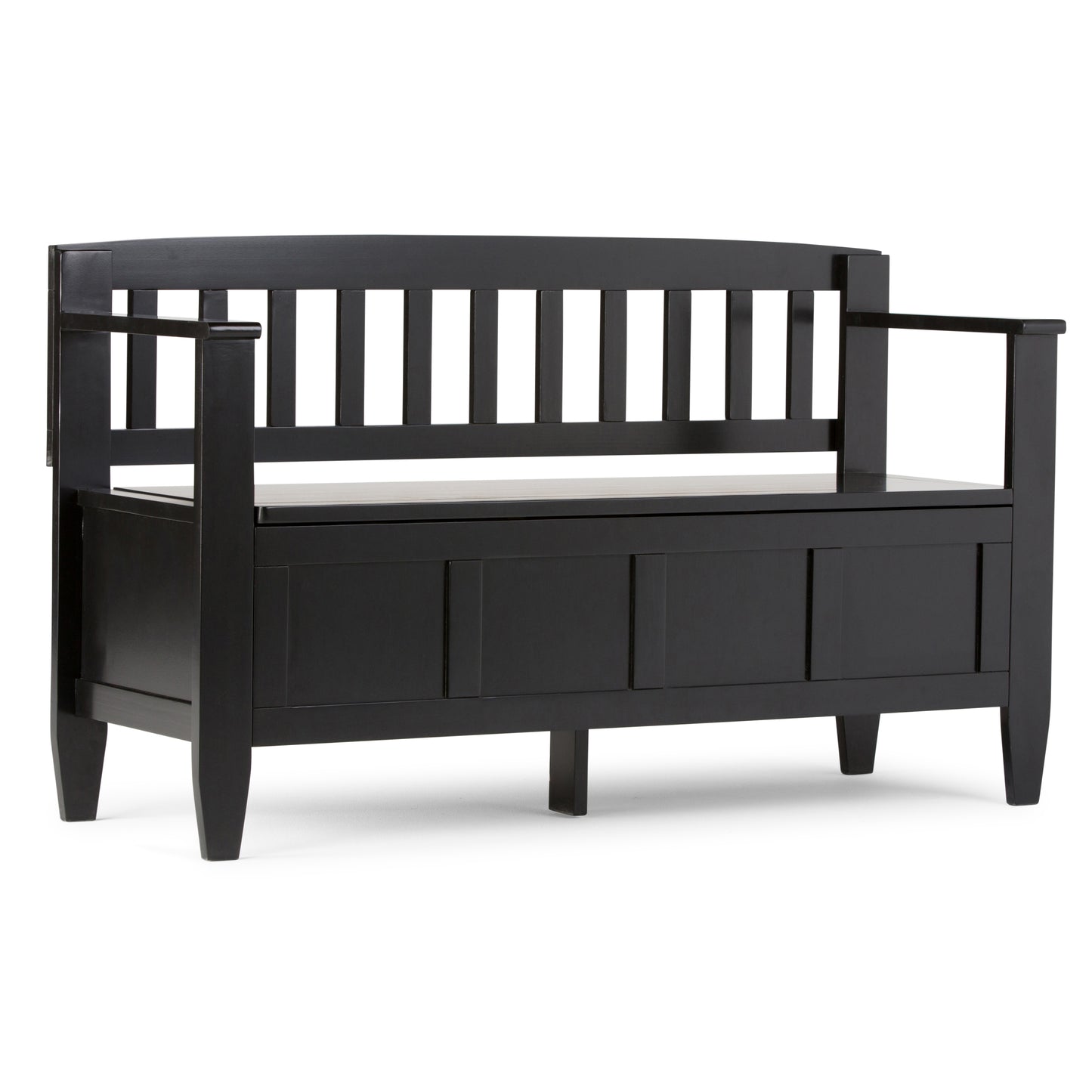 Black wooden bench with slatted back on a white background