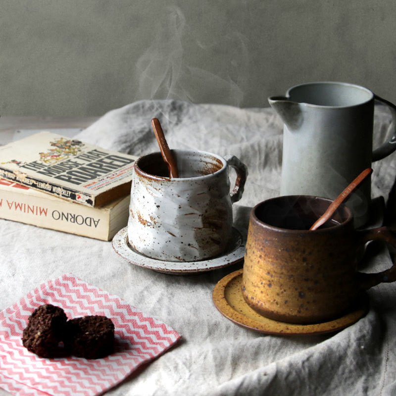 Japanese Style Stoneware Coffee Cup And Saucer Set - - brown Ceramic charcoal grey cup grey off white