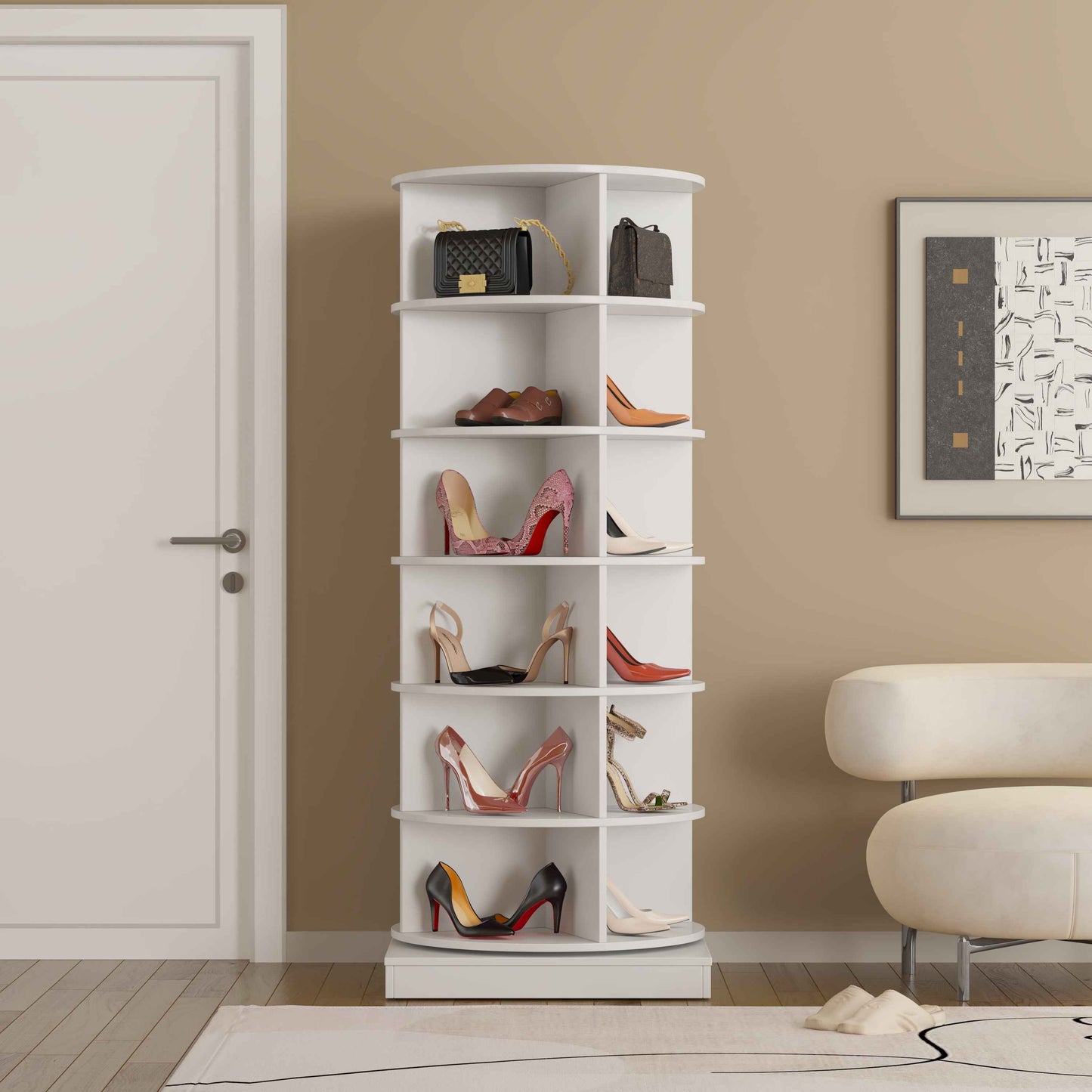 Arkman 360 Rotating Shoe Cabinet | 6 Layers | White - - cabinet white wood