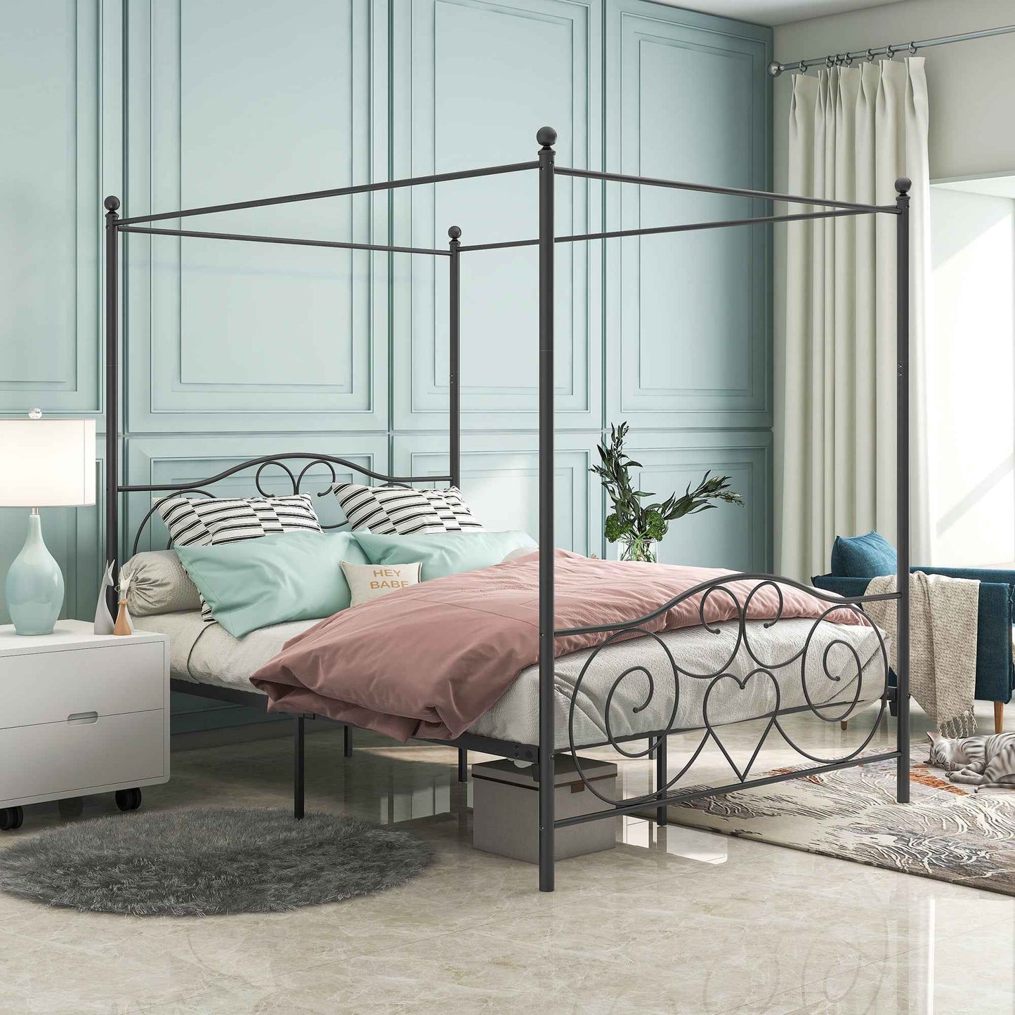 Faery Vintage Metal Queen Size Canopy Bed Frame | Black - Default - beds