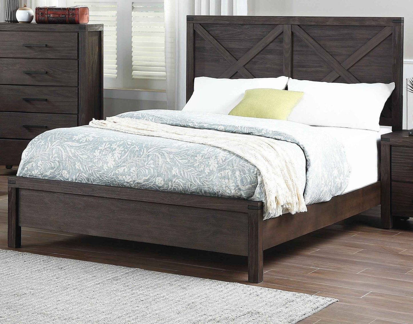 Bonina Rustic Queen Size Bed | Wooden X-Design | Espresso - Default - beds