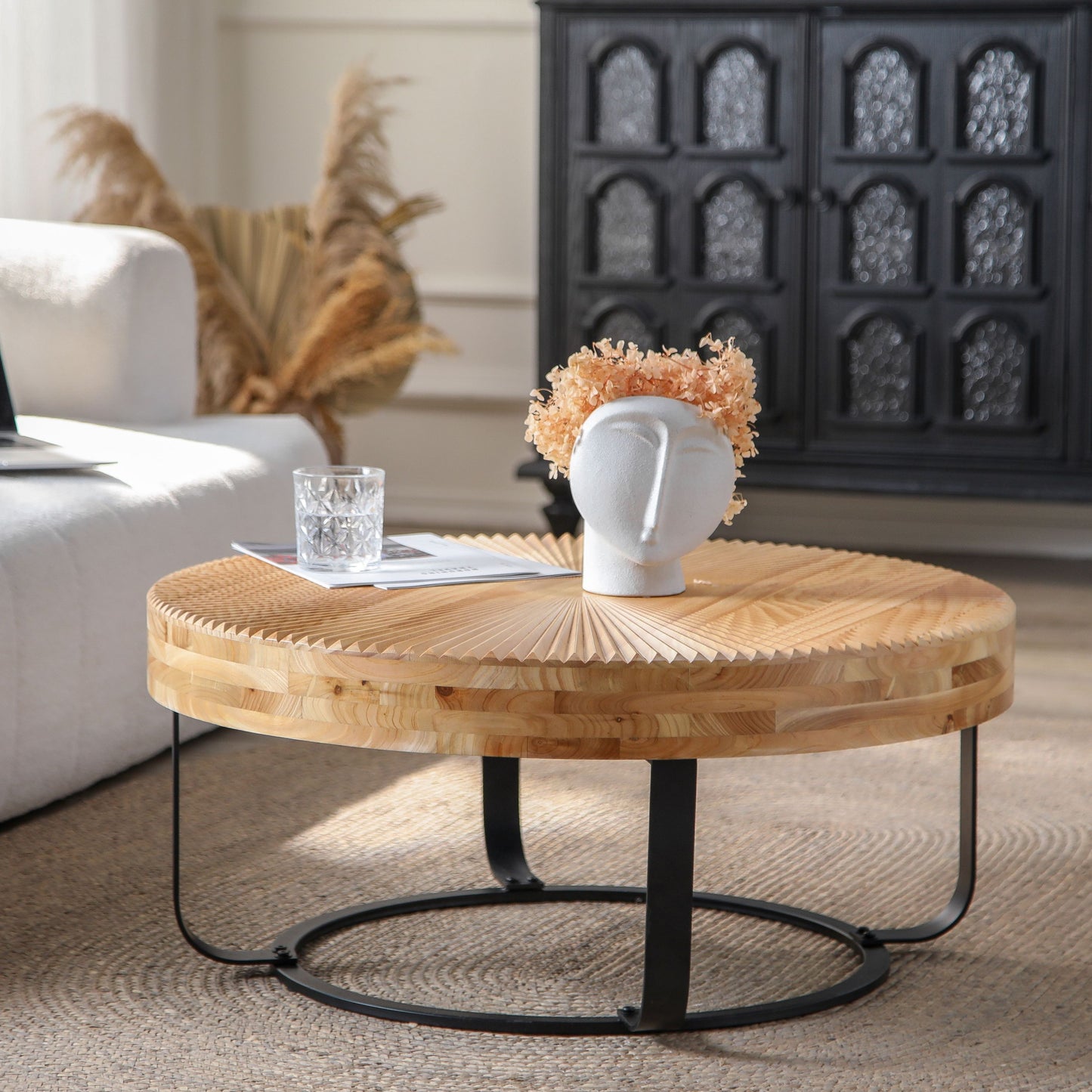 Mensatus Round Coffee Table | Wooden Carving Pattern | Natural - Default - tables
