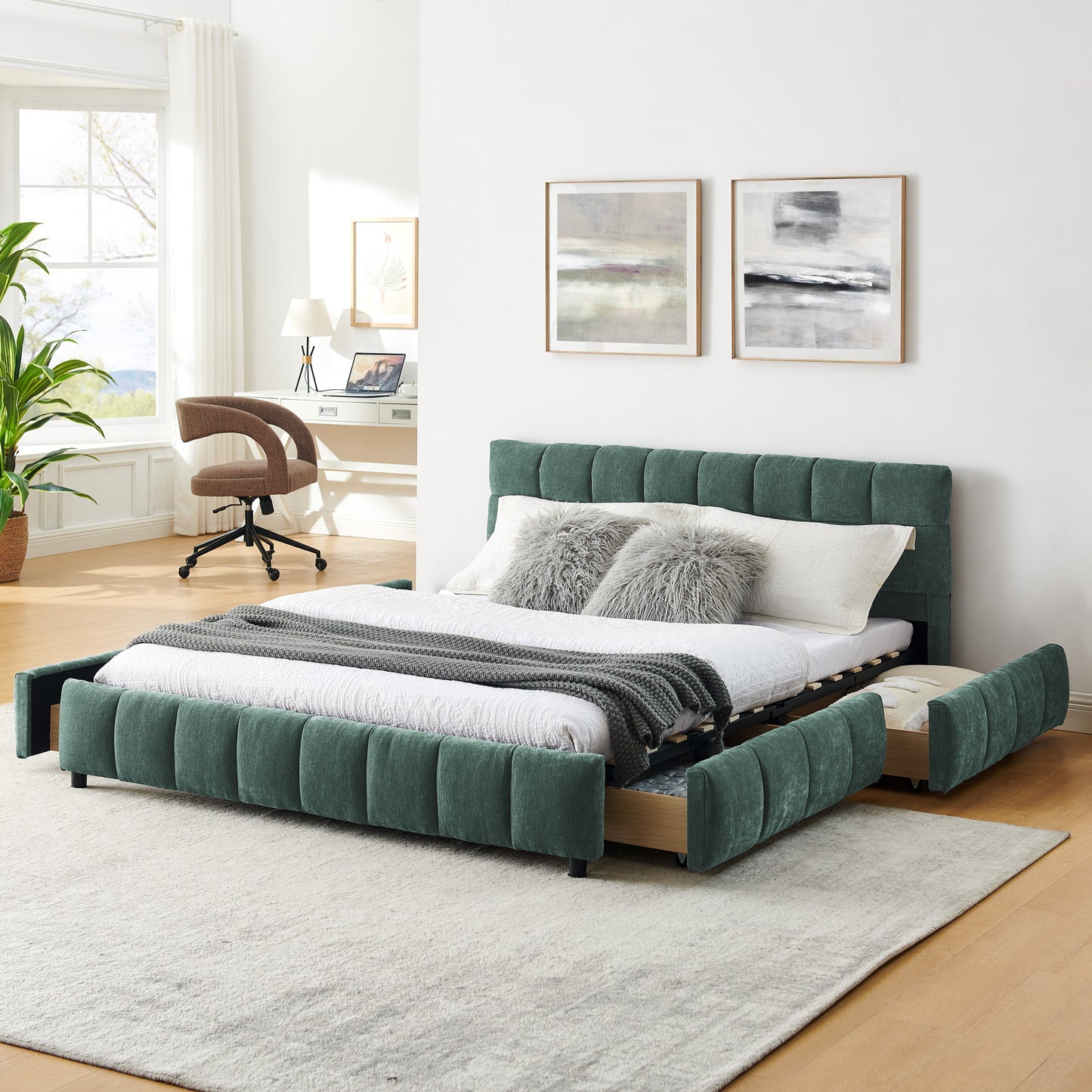 Bornemu Modern Queen Size Bed | Green Chenille - Default - bed green