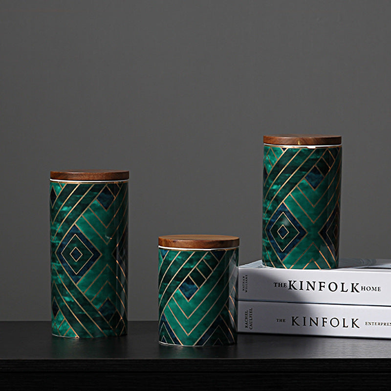 Light Luxury Style High Emerald Sealed Ceramic Jar - Green 3-Piece - Ceramic green Storage