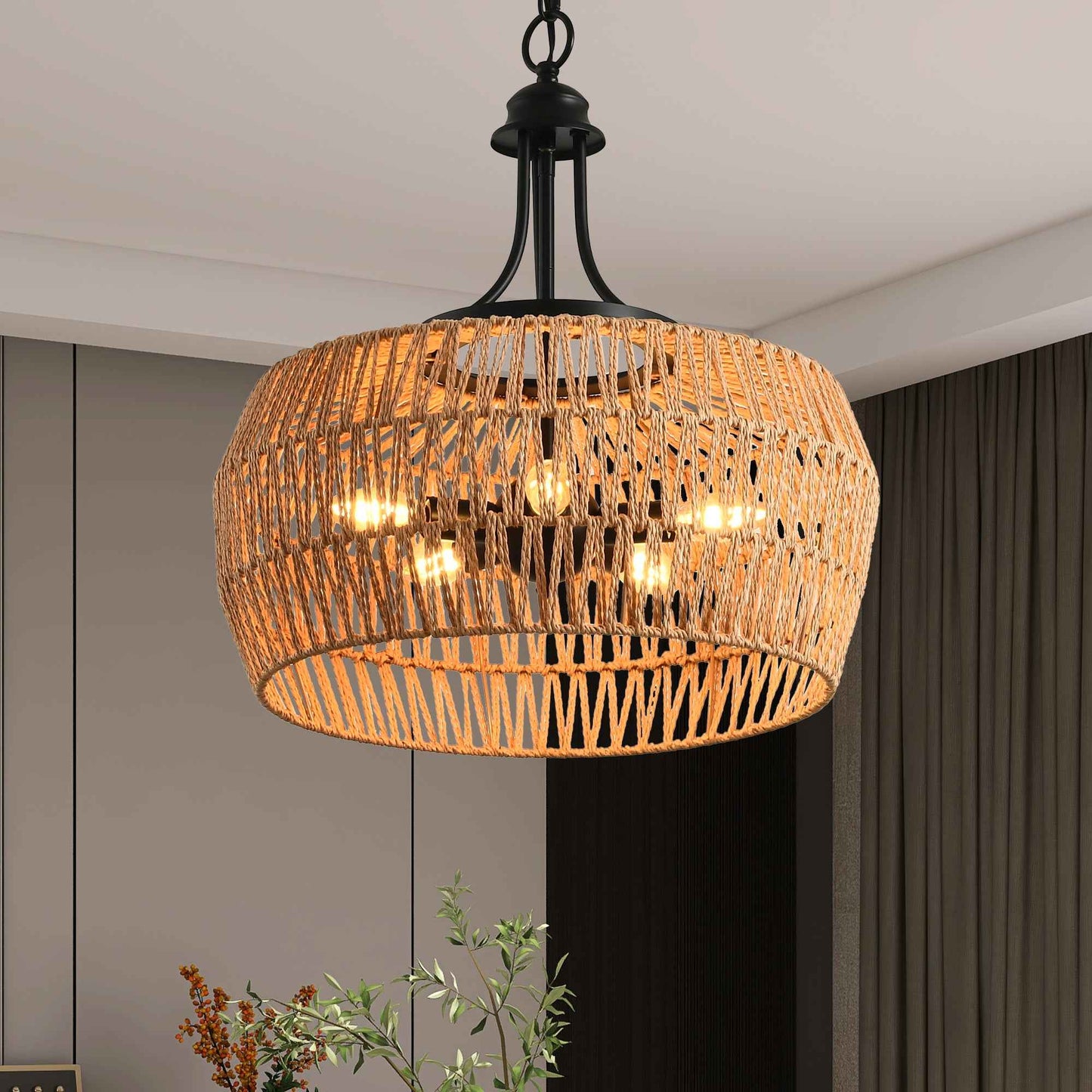 Barzol Boho Hand-Woven Pendant Chandelier | 5 Light Sources | Black - Default - chandeliers