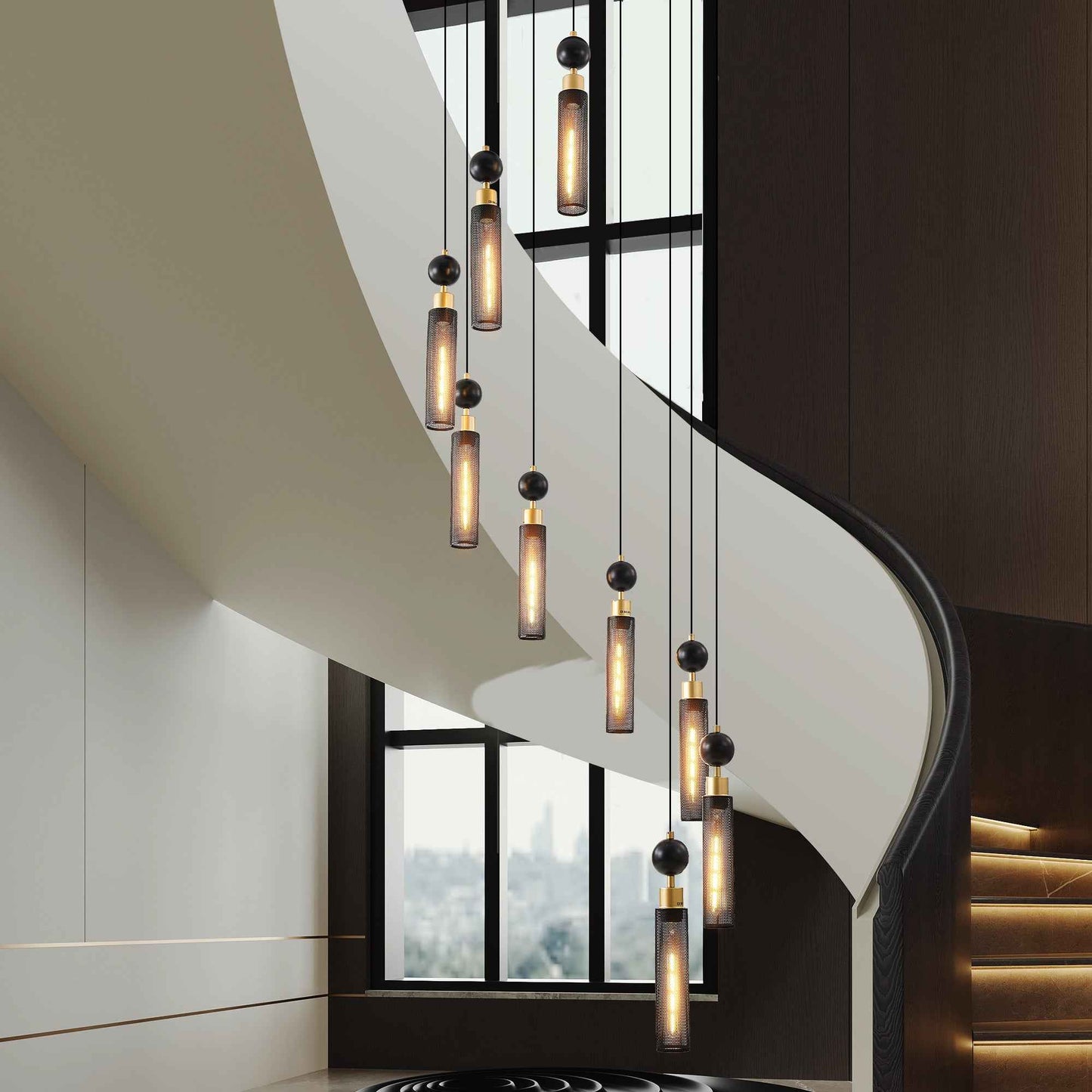 Esolian Industrial Multi-Light Pendant Chandelier | 9 Light Sources | Black - Default -