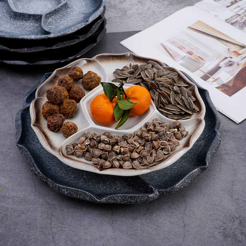 Japanese-style Ceramic Compartment Tray Four-grid Marinated Meat - - beige black blue Ceramic Plate Tray