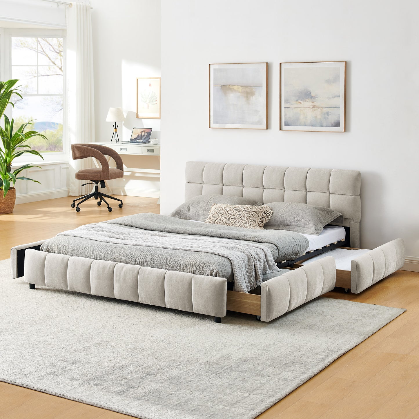 Bornemu Modern Queen Size Bed | Beige Chenille - Default - bed beige