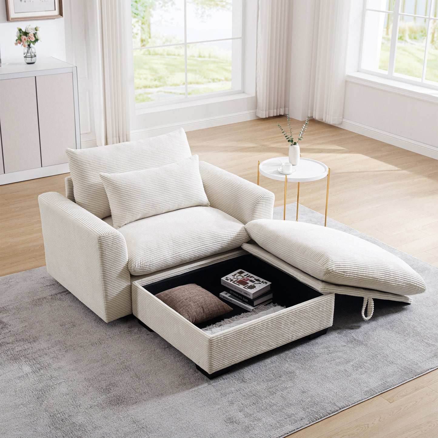 Squicer Armchair With Storage Ottoman | Beige Corduroy - - sofa
