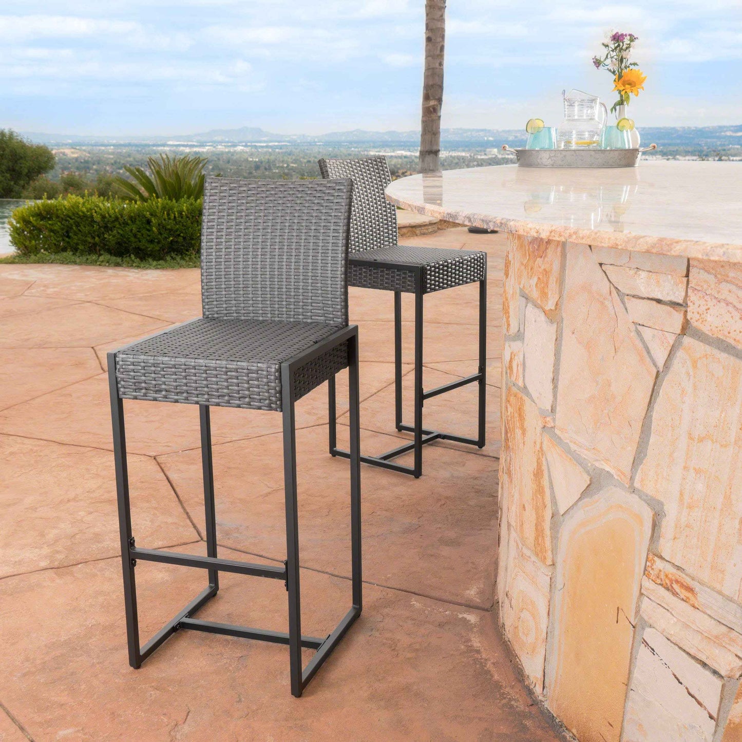 Conway Rattan Barstools | Set of 2 | Grey - Default - garden furnishing