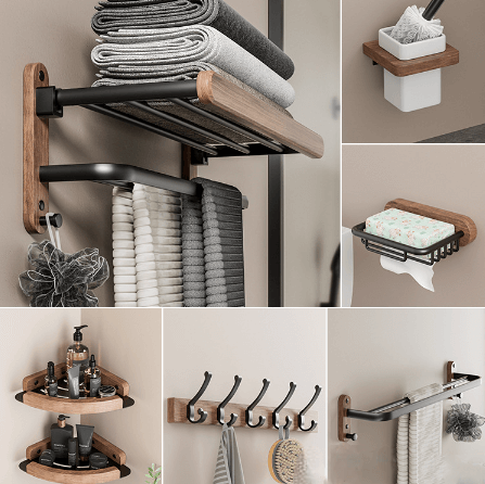 Perforation-Free Wood Towel Rack - 6pcs Set A - black Rack Rail Shelf Towel Bar Wood