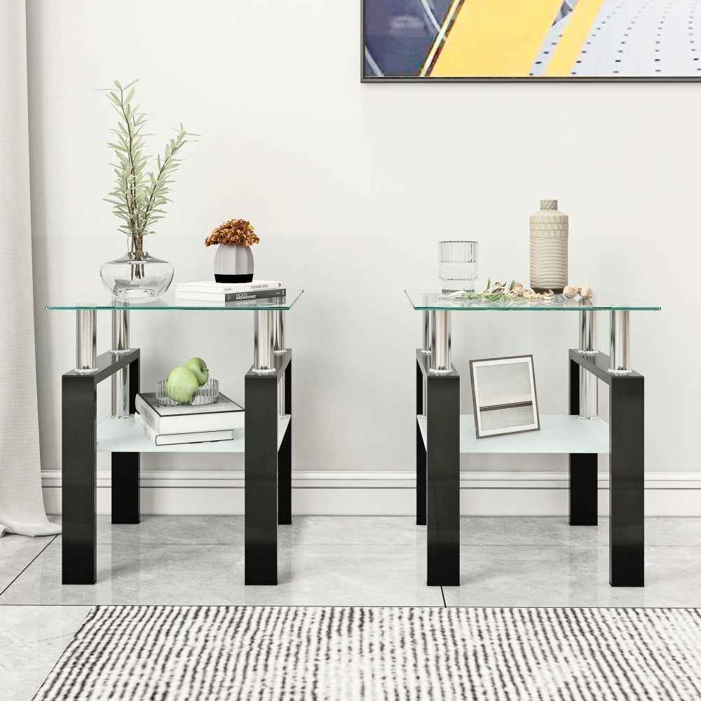 Fuvuc 2-Piece Modern Tempered Glass End Table | Transparent & Black - Default - tables