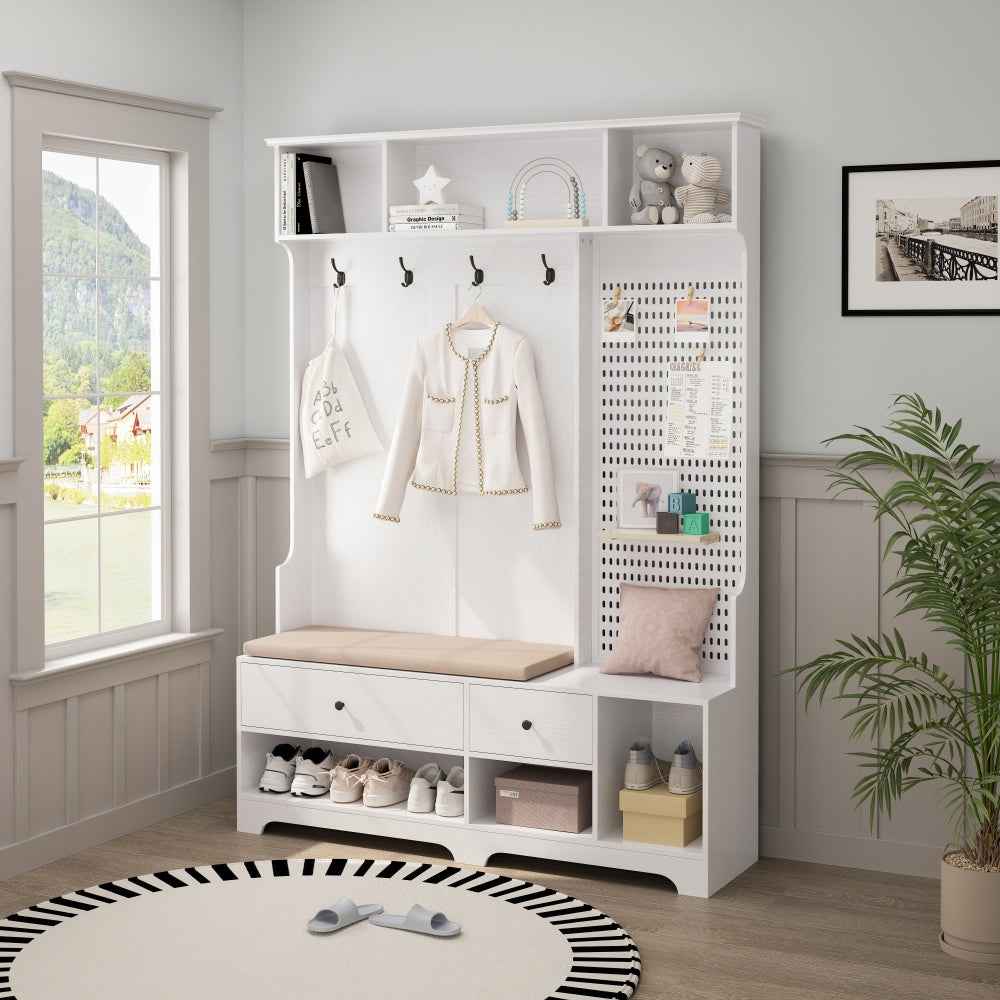 Gerun Hall Tree | Bench & Multiple Storage Spaces | White - - coat rack white wood