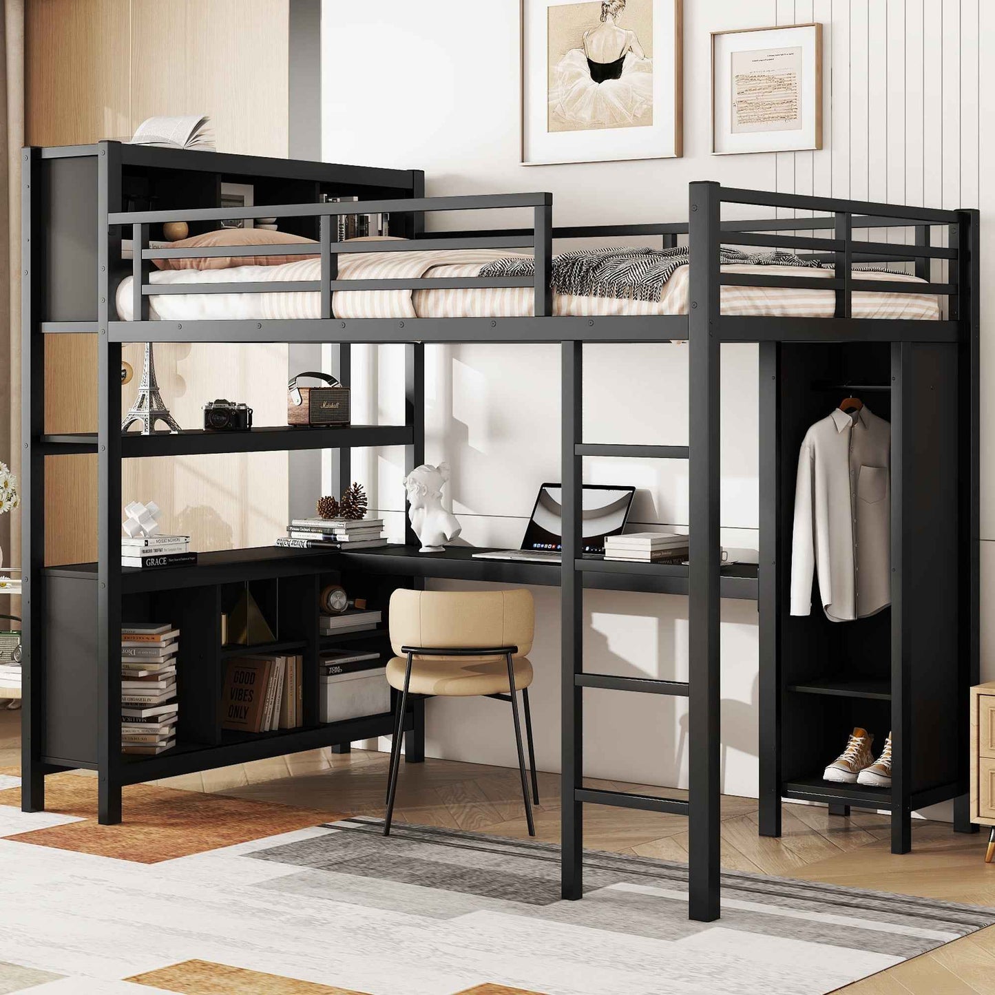 Helrent Metal Full Size Loft Bed | Wardrobe & L-shaped Desk | Black - Default - beds