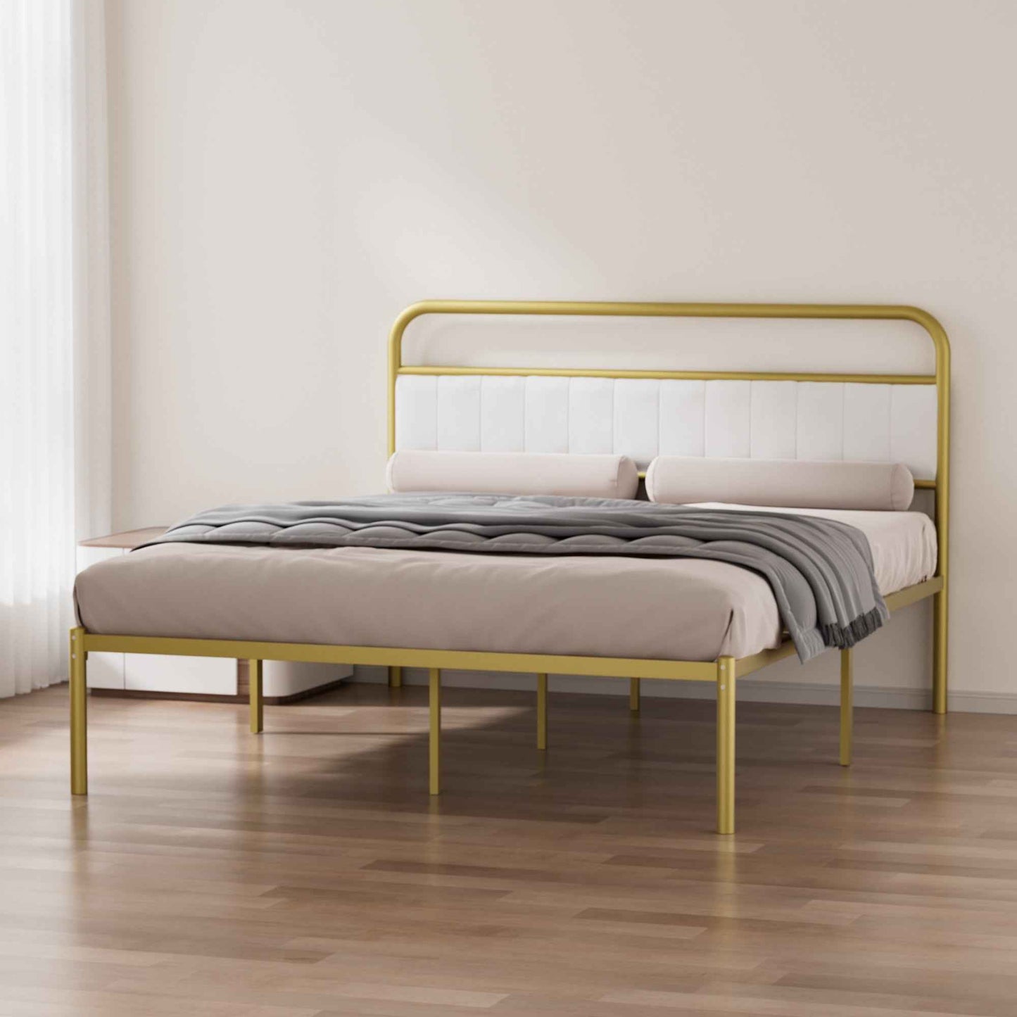 Colinya Metal Frame Queen Size Bed | Beige & Gold - Default - beds