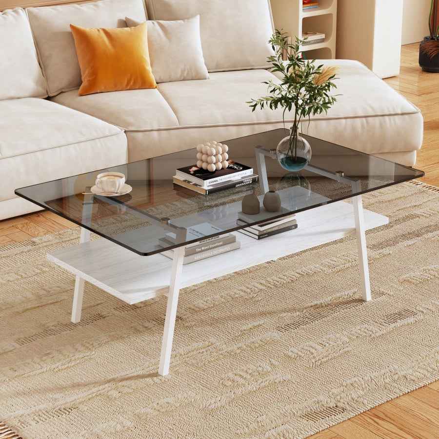 Danna Coffee Table | Tempered Glass Tabletop | Gray Glass & White - Default - tables