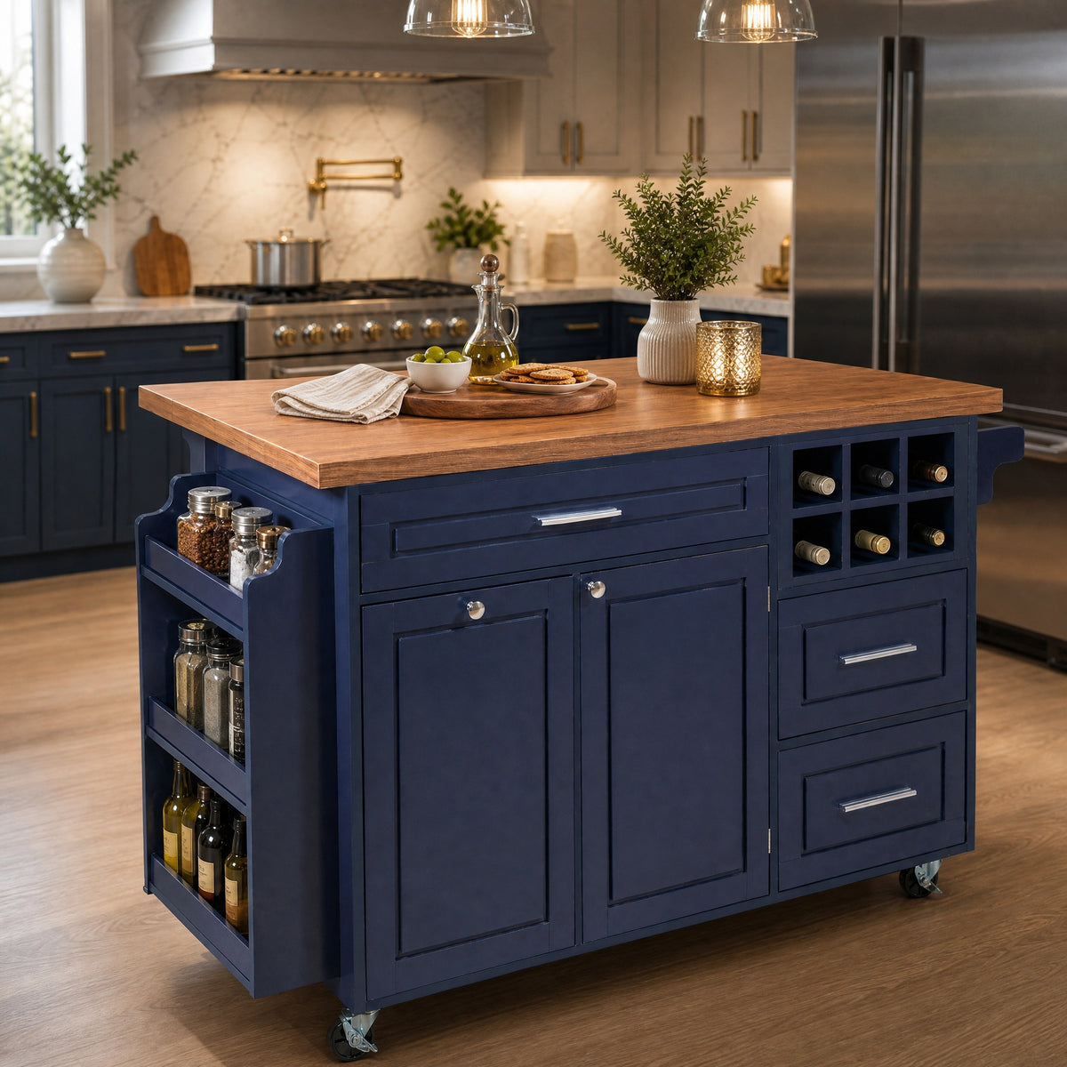 Navy blue kitchen island with a brown countertop, cabinet doors, drawers, wine cubbies, and side spice shelves in a kitchen.