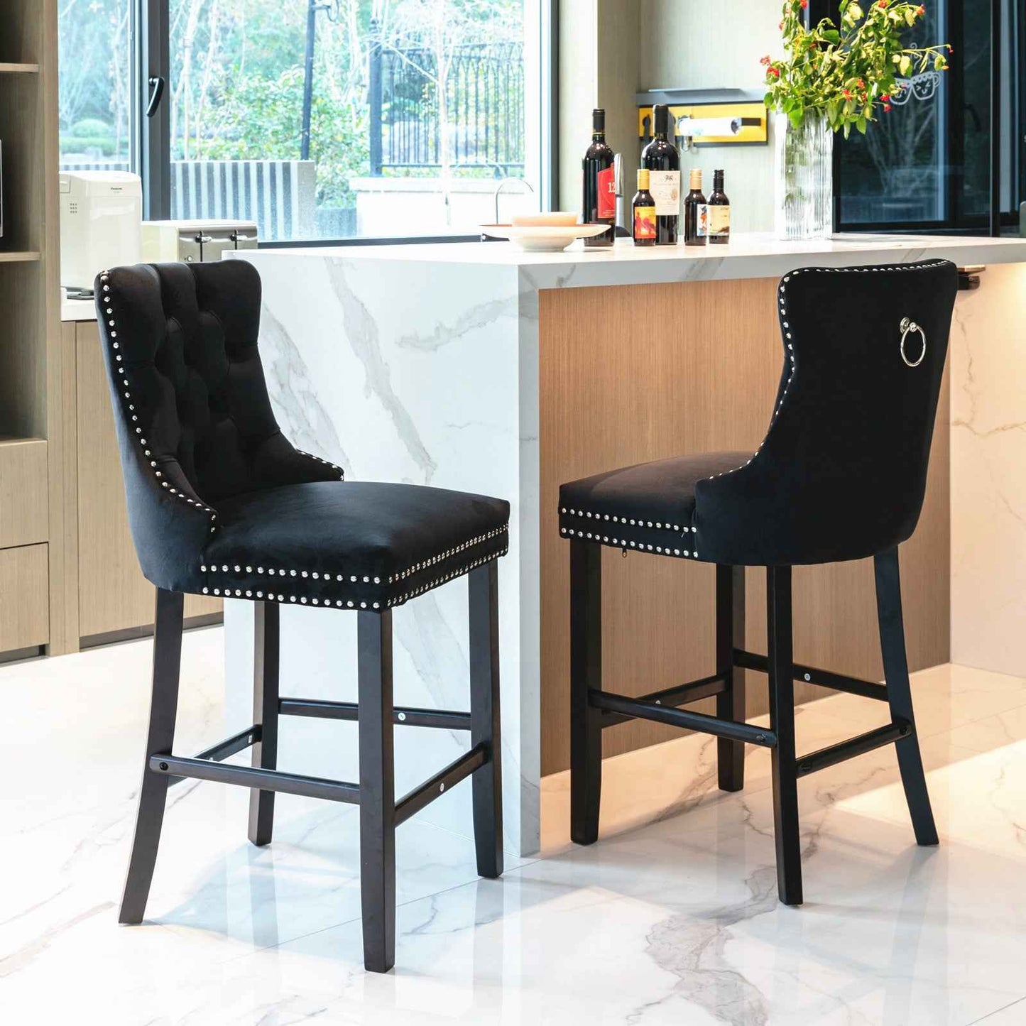 Aemina Classy Modern Bar Stools | Wooden Legs | Set of 2 | Black Velvet - Default - bar stools