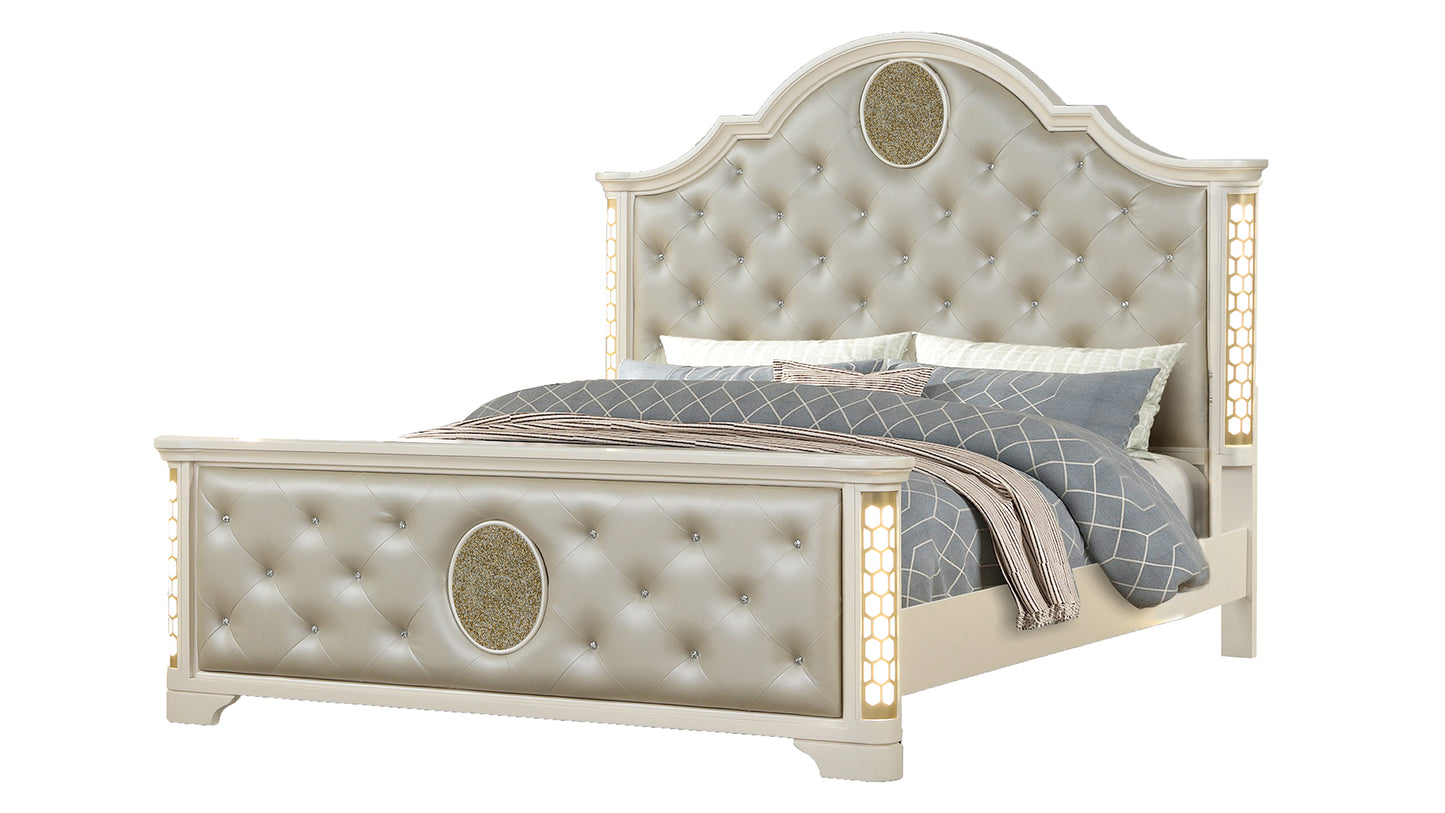 Owengar Luxury Queen Size Tufted Bed | LED Lights | Beige - Default - beds