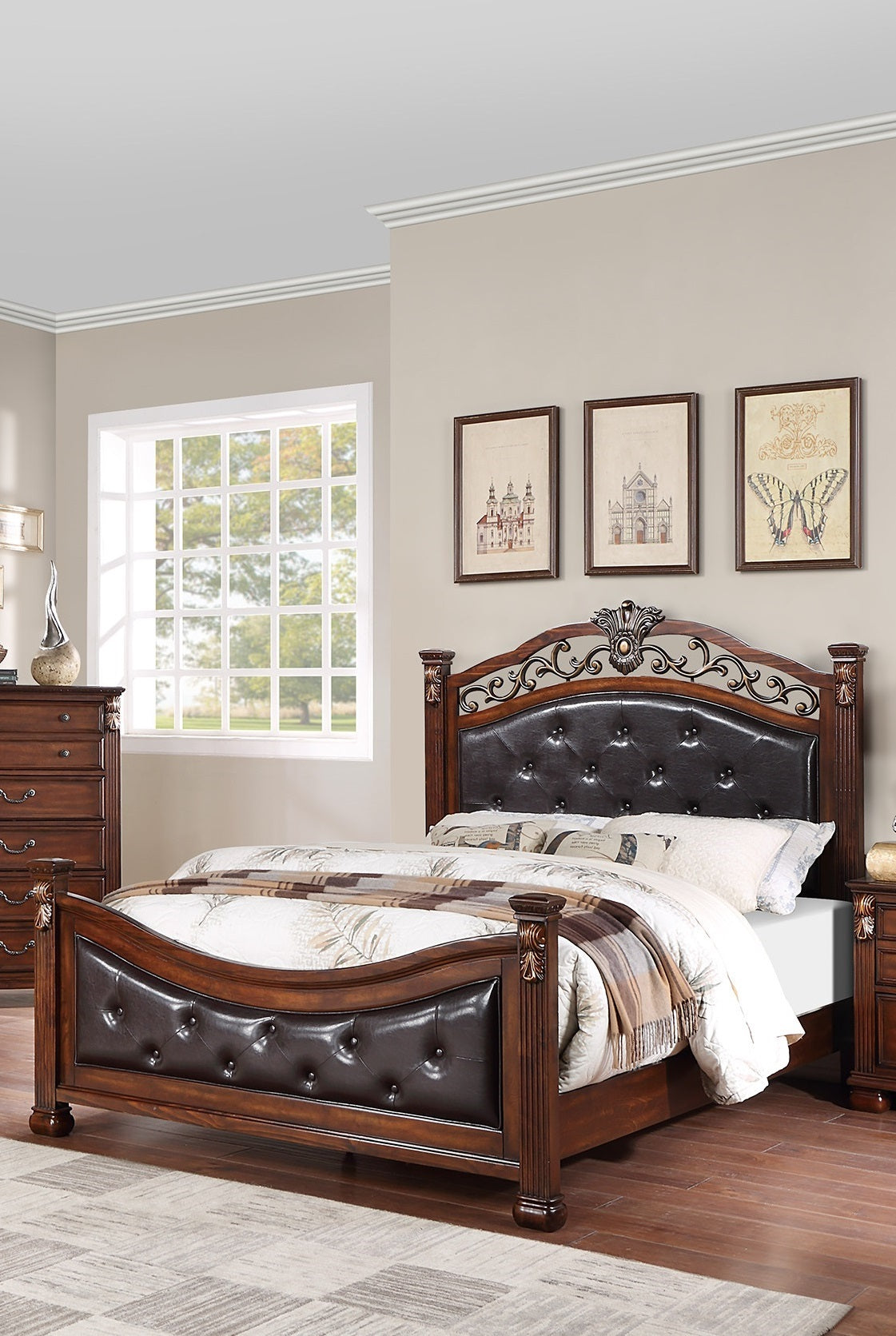 Weniquen Vintage Carved Queen Size Bed | Dark Cherry - Default - beds