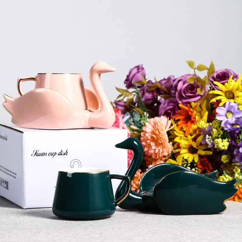 Creative Swan Ceramic Coffee Set Set - - black cup green Mug pink swan white