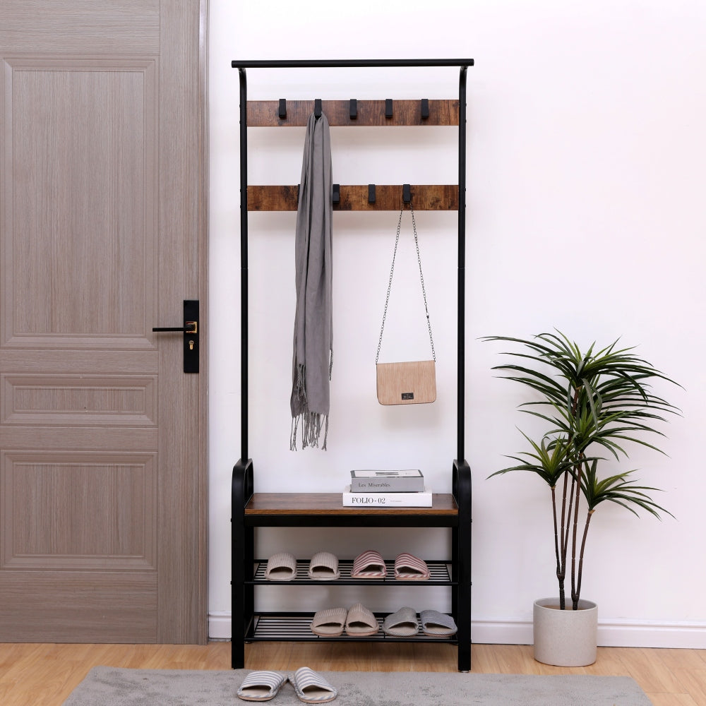 Olonge 4-in-1 Hall Tree | Rustic Brown & Black - - black brown coat rack metal wood