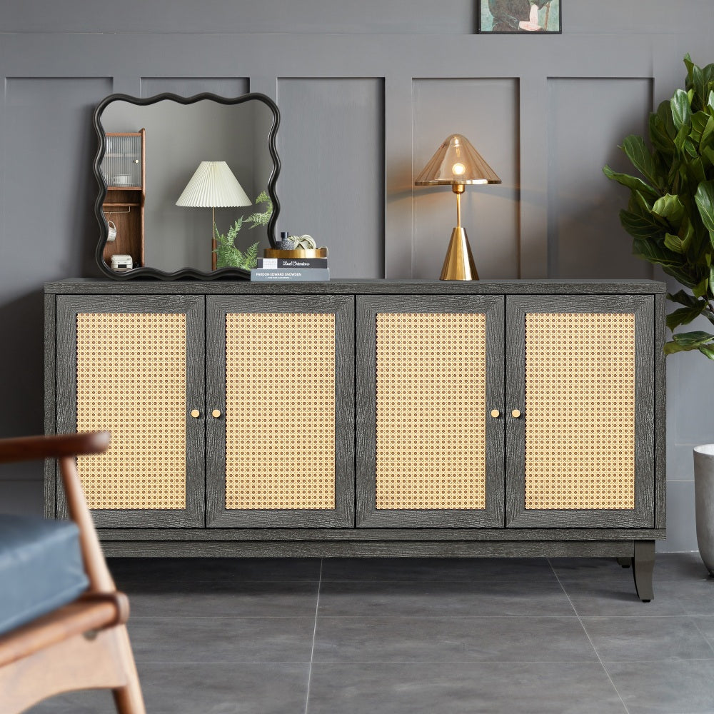 Viripto Rattan Cabinet | Handcrafted Premium Grain Panels | Antique Dark Gray - - cabinet grey wood