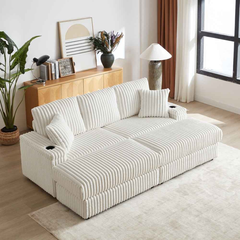 Fellex 84'' Comfy Sofa | Cup Holder - 2 Storage Spaces | Ottomans | White - - sofa