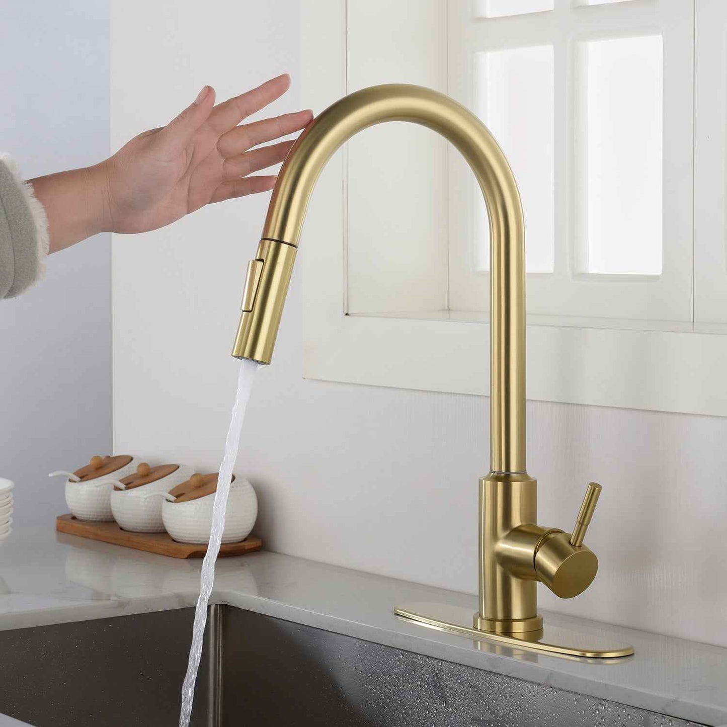 Elemitto Touch-Activated Kitchen Faucet | Pull Down | Gold - Default - kitchen faucets touch-activated