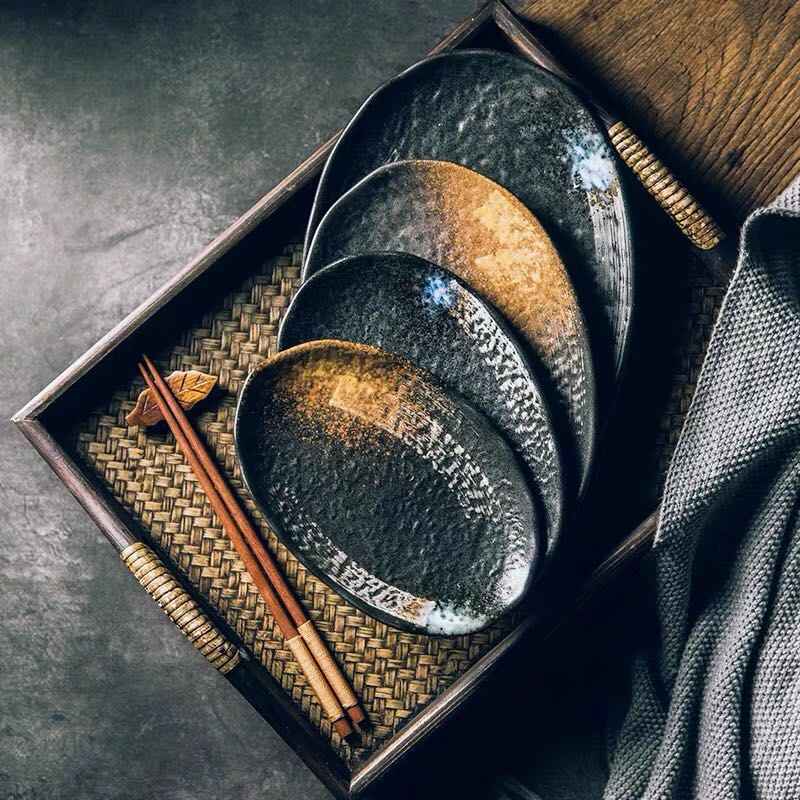 Flat Ceramic Oval Plate - - black Ceramic dinnerware Plate