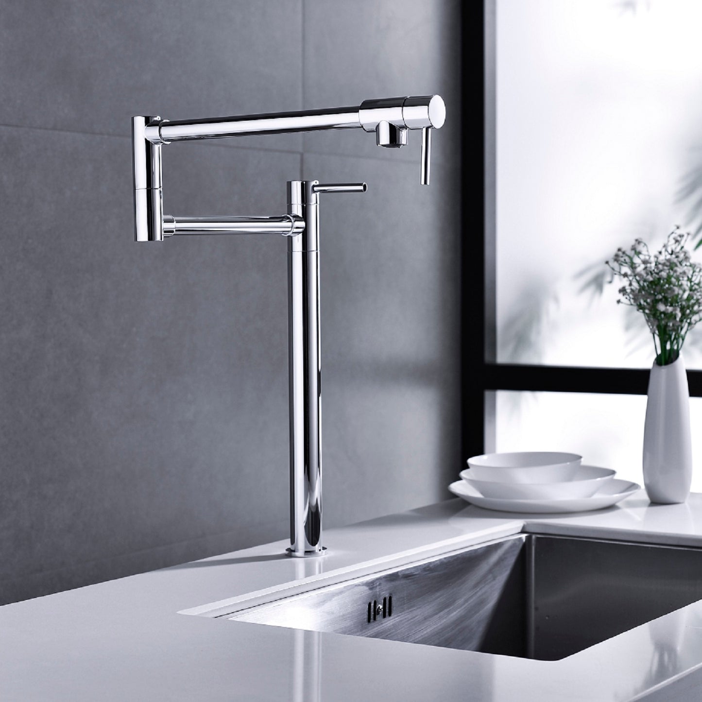Milvia Pot Filler Kitchen Faucet | Extension Shank | Silver - Default - pot fillers