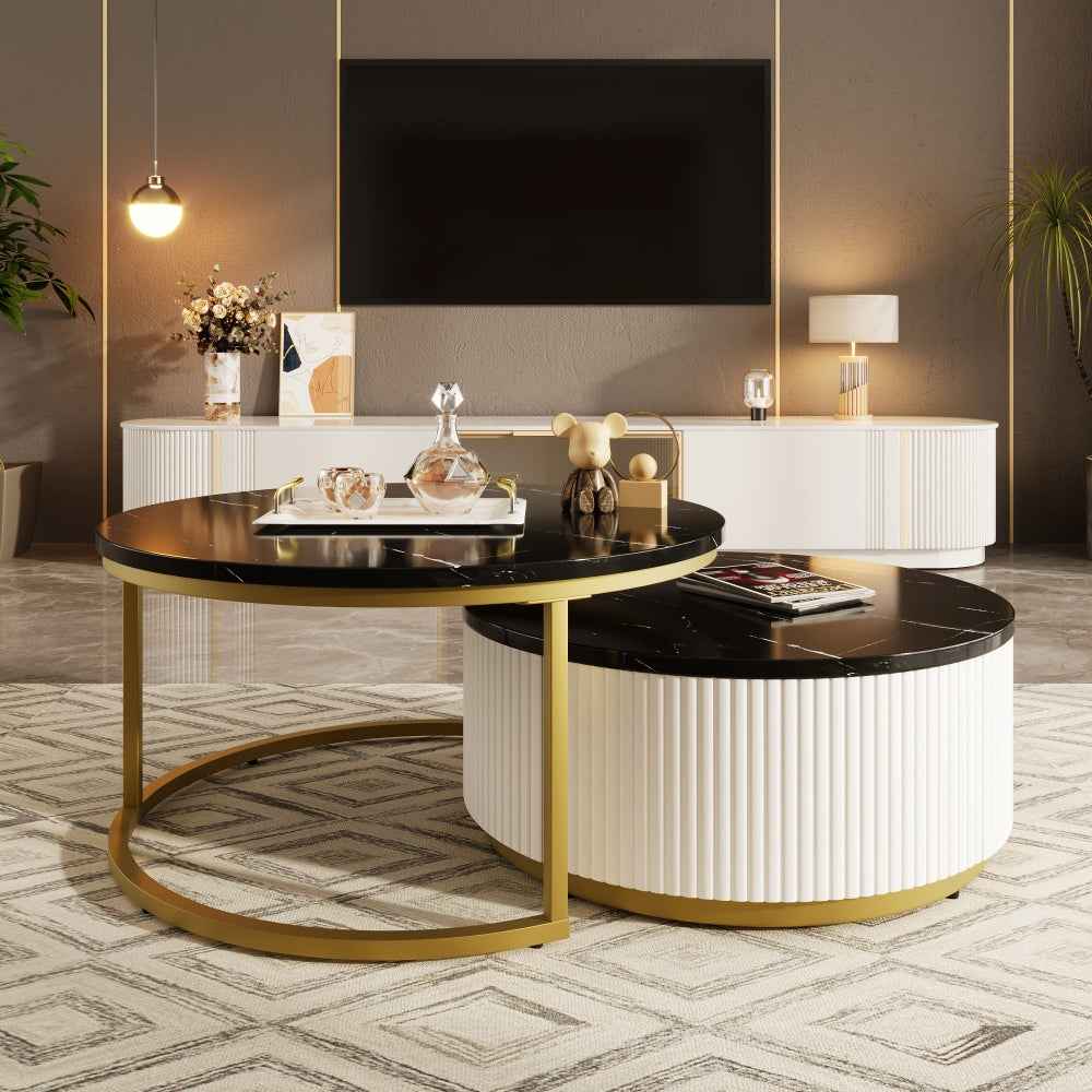 Celevus Modern Round Nesting Coffee Table | Black & Gold - Default - tables