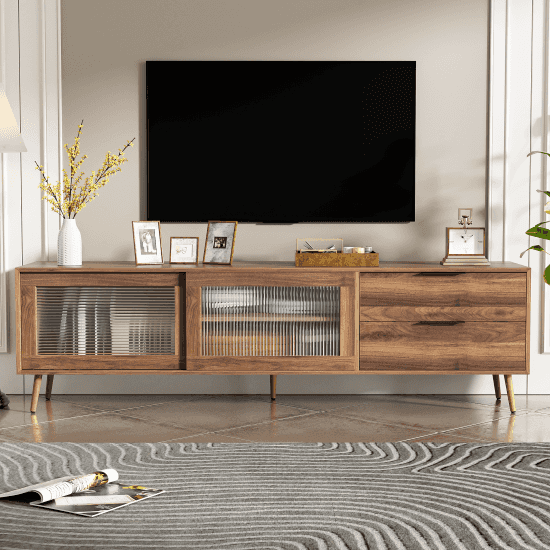 Beshat Retro TV Console | 2 Glass Doors | Walnut - Default - tv console