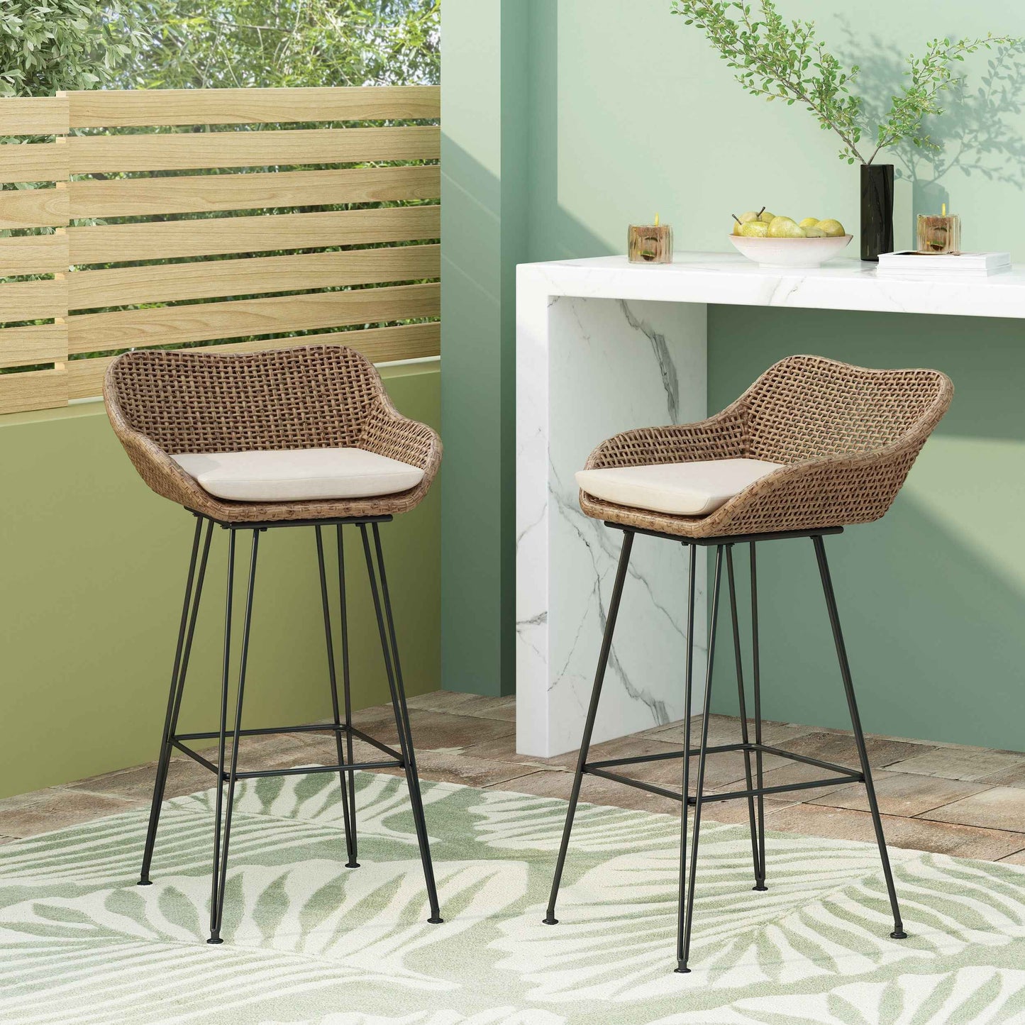 Heley Outdoor Rattan Barstools | Set of 2 | Light Brown - Default - garden furnishing