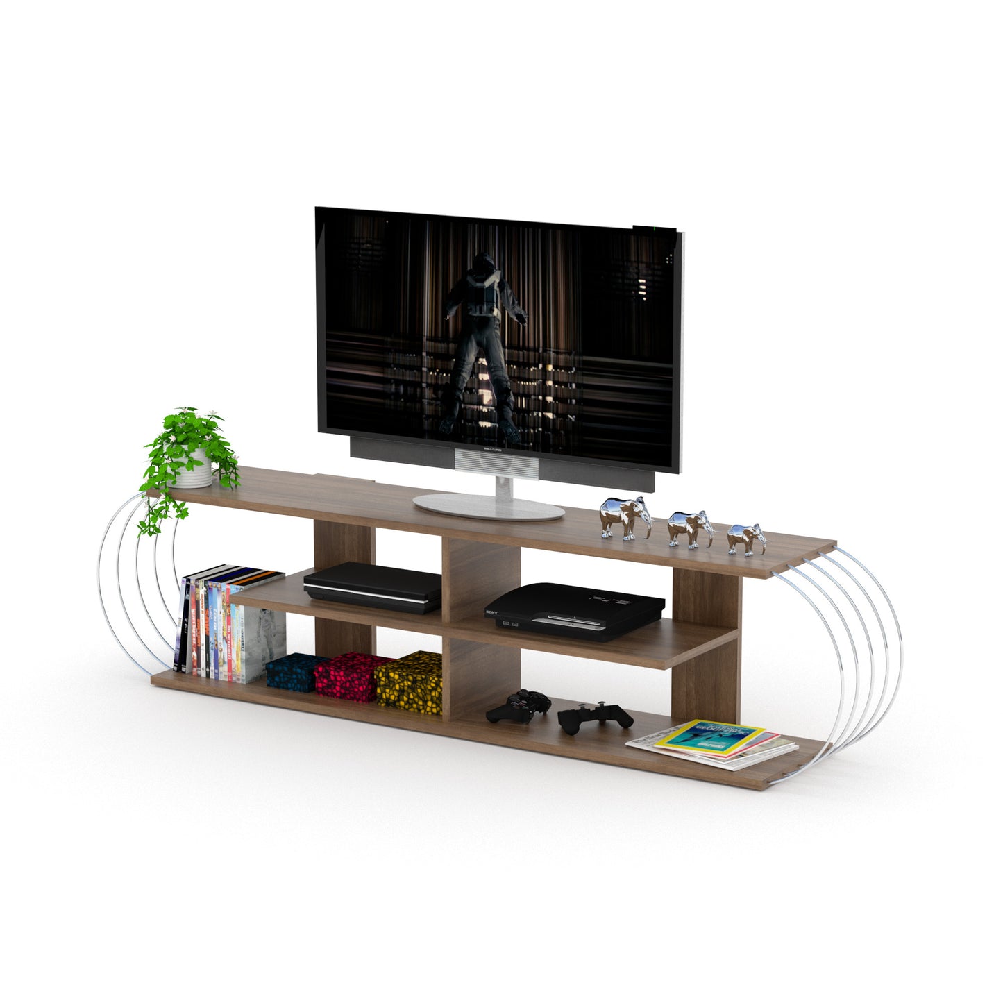 Spollis Modern Open Storage TV Stand | Walnut & Chrome - Default - tv console