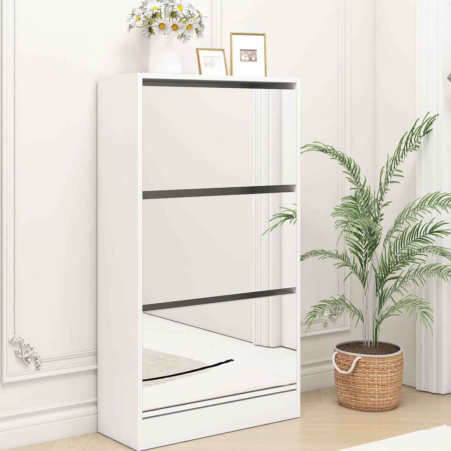 Brimif Mirror Shoe Cabinet | White - - cabinet mirror white wood