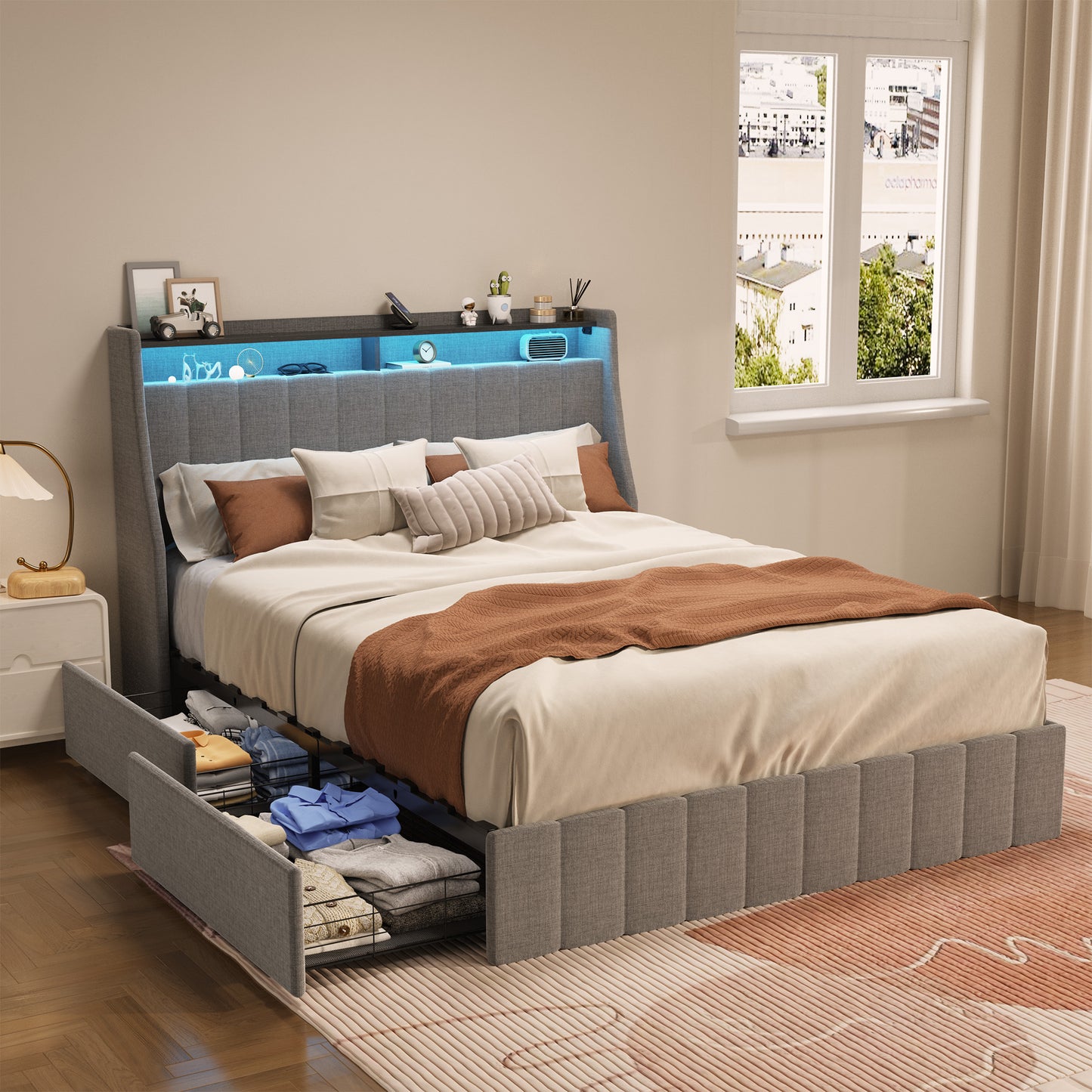 Ventrie Queen Size Bed | LED Light | 4 Under-Bed Storage Drawers | Light Grey - Default - beds