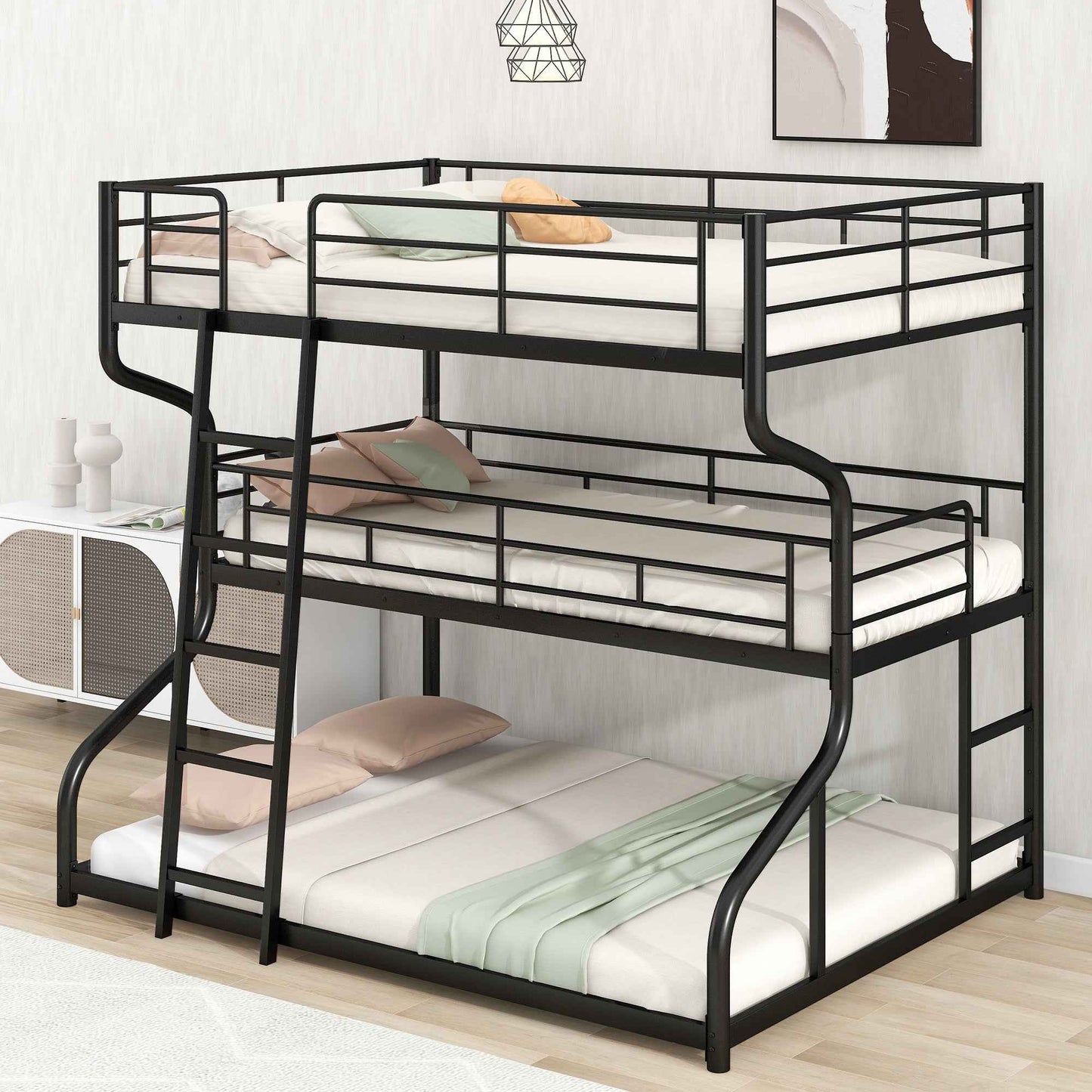 Biscaft Metal Triple Bunk Bed | Full XL Over Twin XL Over Queen | Black - Default - beds
