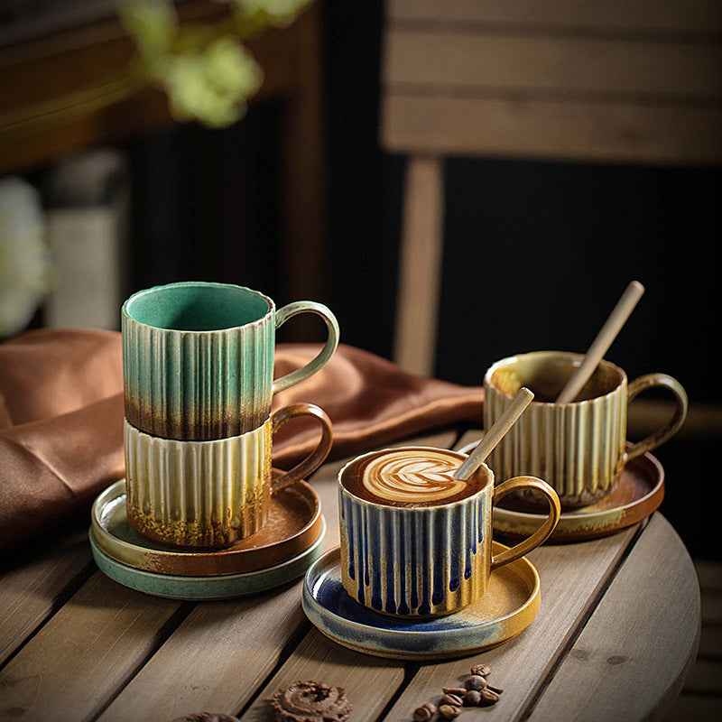 Ceramic Coffee Set Set Retro Kiln Baked - - blue brown Ceramic cup green light blue Mug rusty yellow