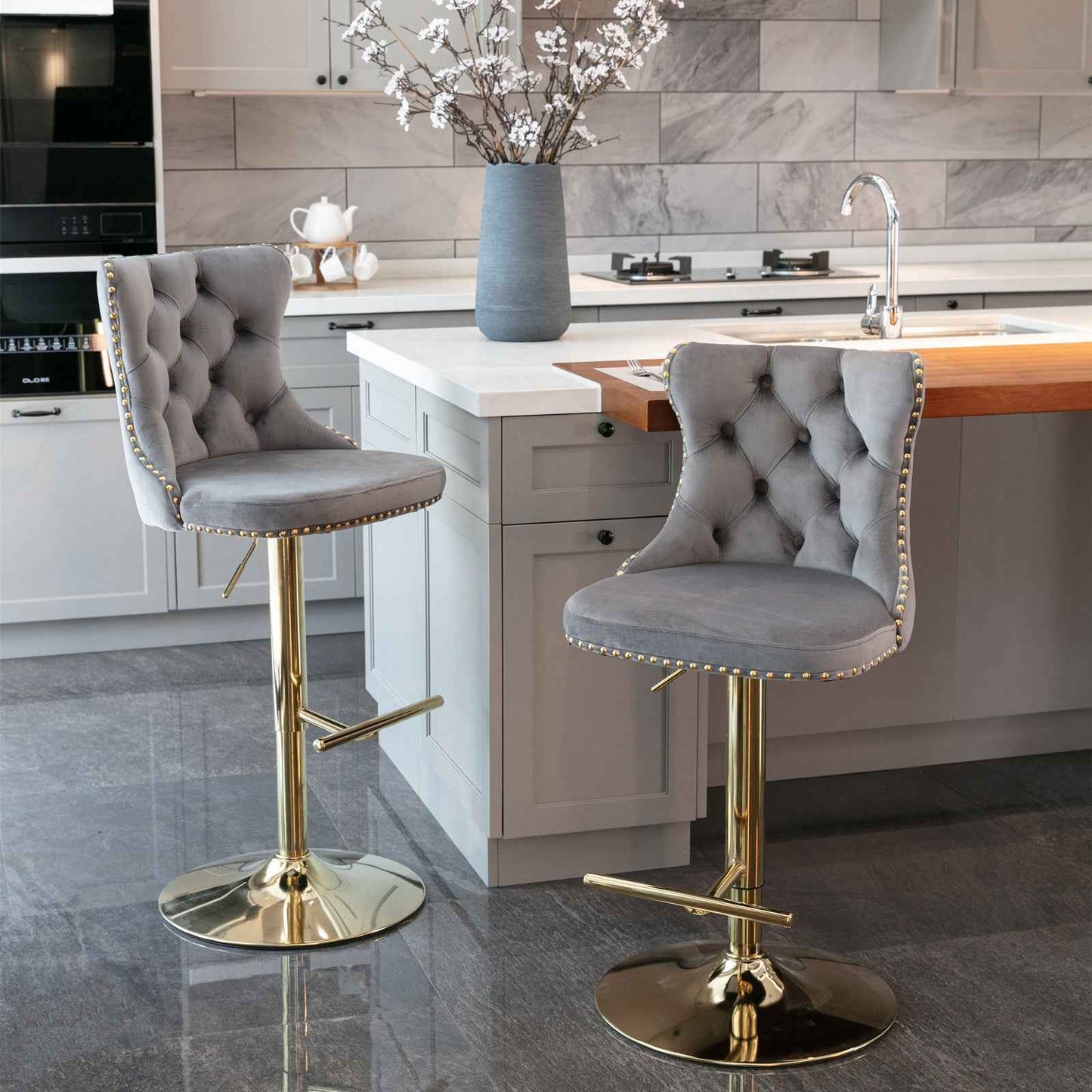 Culptol Glam Swivel Bar Stools | Set of 2 | Gold & Gray Velvet - Default - bar stools