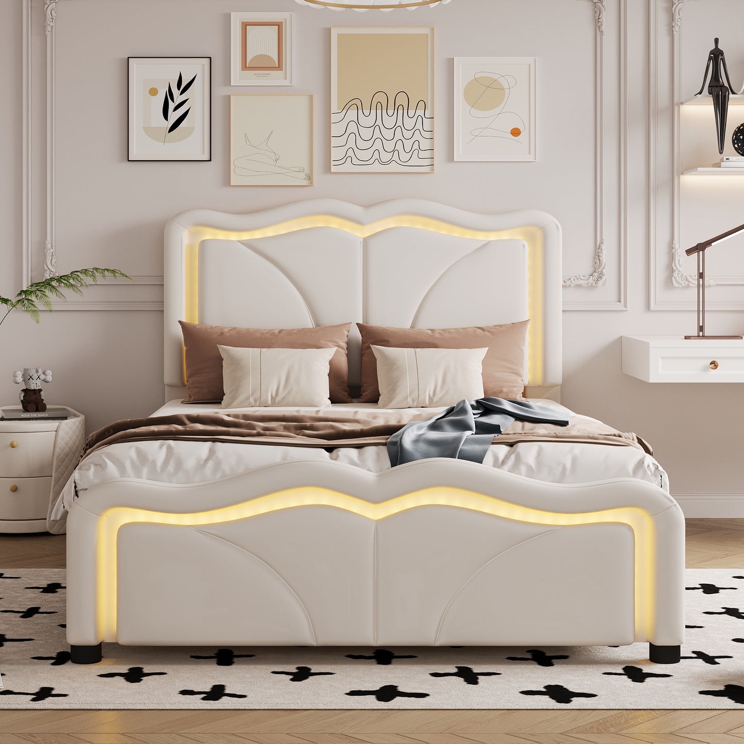 Madifo Twin Size Platform Bed | LED Light Strips | White - Default - beds