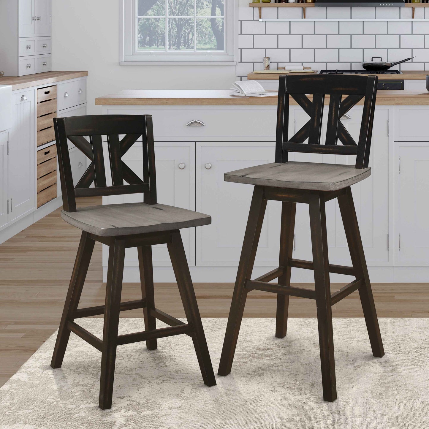 Crueth Wooden Swivel Bar Stools | Set of 2 | Dark Brown - Default - bar stools