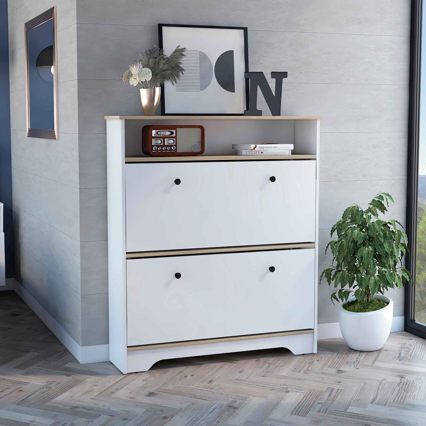 Erman Shoe Cabinet | Light Oak & White - - cabinet oak white wood
