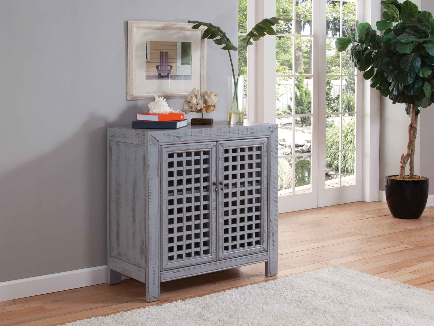 Hiddod Farmhouse Accent Cabinet | Lattice Front Doors | Distressed Grey - - cabinet grey wood