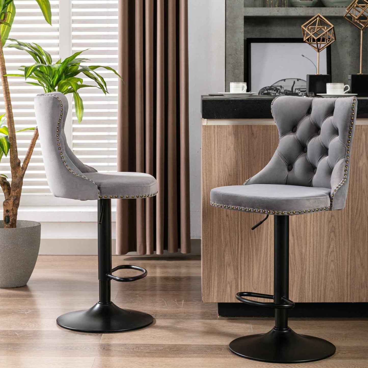 Aemina Classy Modern Bar Stools | Metal Black Base | Set of 2 | Gray Velvet - Default - bar stools