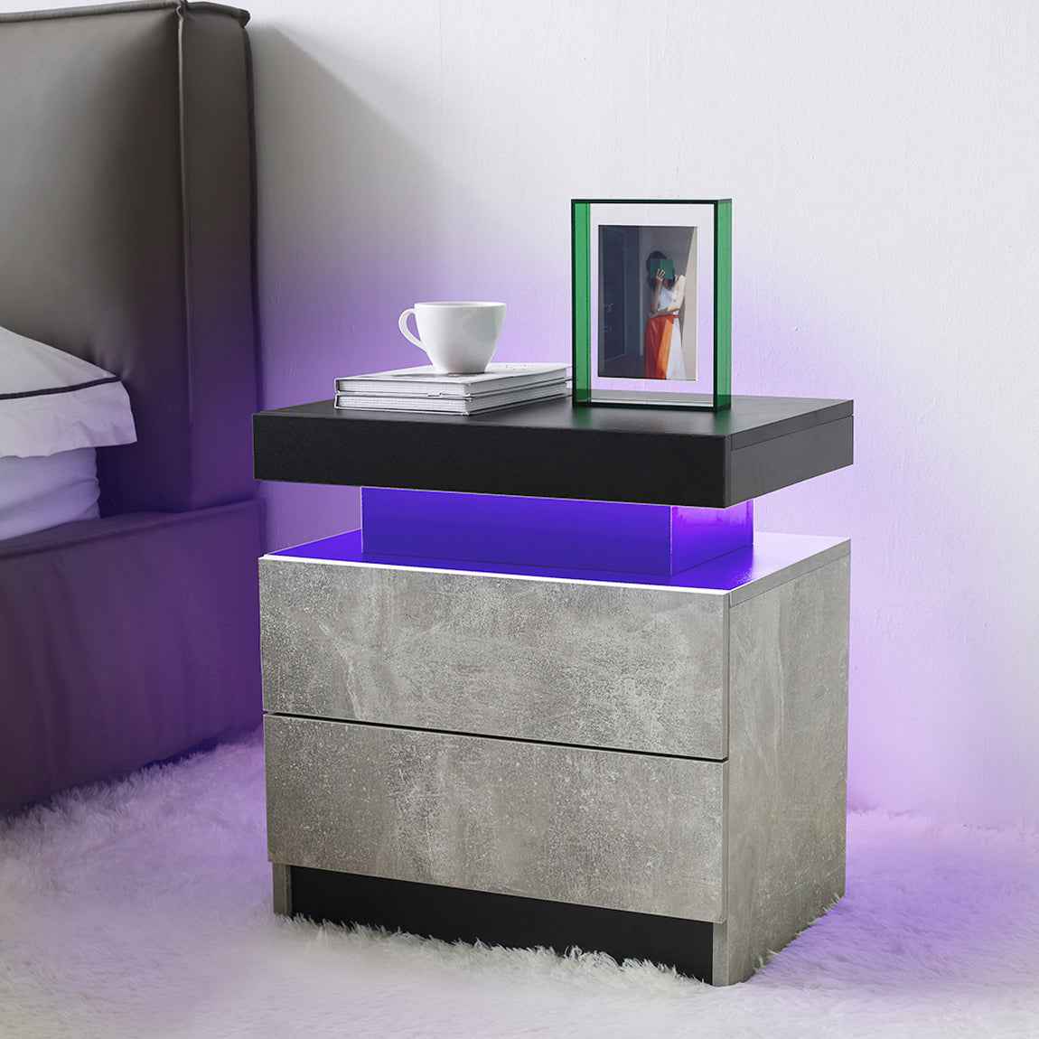 Gebozo Modern Bedside Table | LED Light | Gray - Default - nightstand