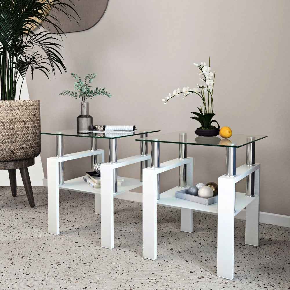 Fuvuc 2-Piece Modern Tempered Glass End Table | Transparent & White - Default - tables